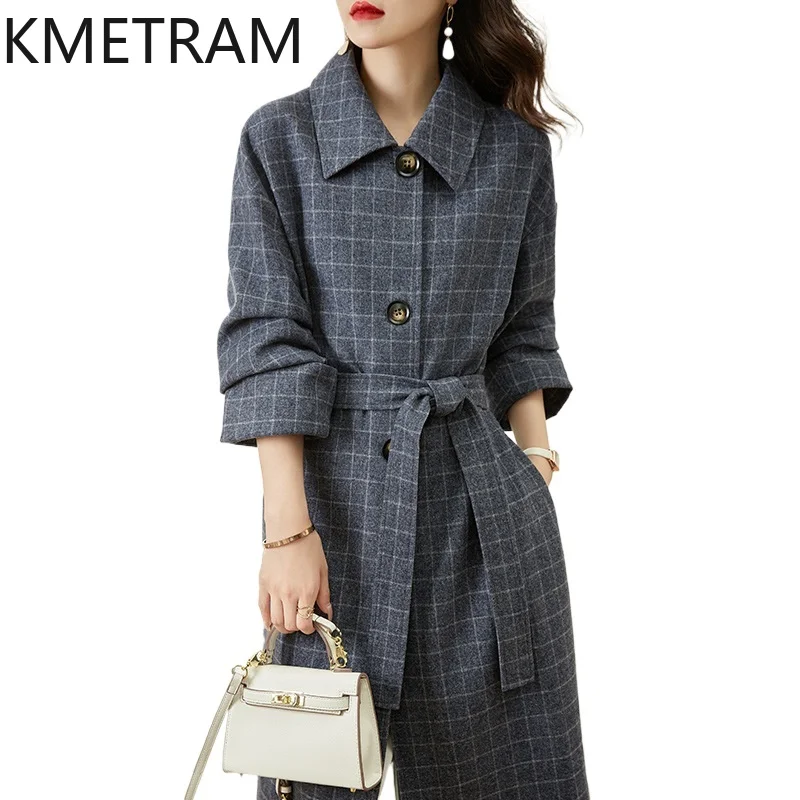 KMETRAM Natural Plaid Wool Coat High Quality New in Outerwears Elegant Jacket Woman Winter Clothing 2024 Women Laine Pour Femmes