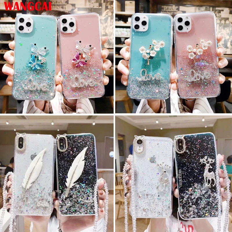 For Samsung Galaxy A14 A34 A54 A24 A21S A21 A01 A11 A41 A51 5G Phone case Luxury Bling Glitter Flower feather deer Cover