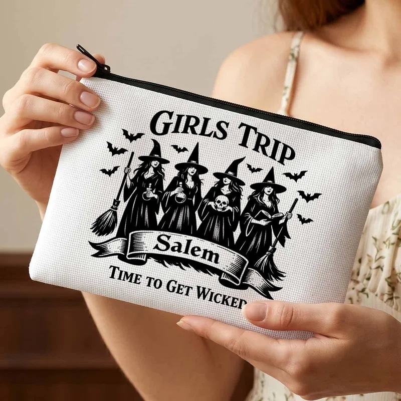Halloween printed makeup bag，Halloween travel essentials，Witch-themed travel organizer bag，Features a Salem design