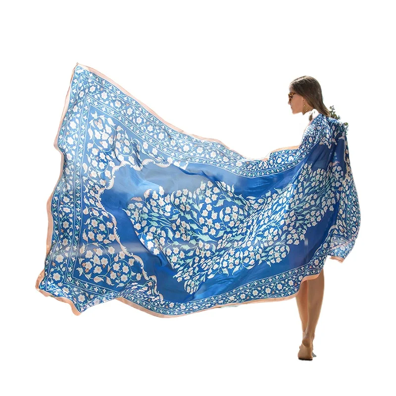 

Luxury 100% mulberry silk blue oversized scarf headscarf long plus size shawl women
