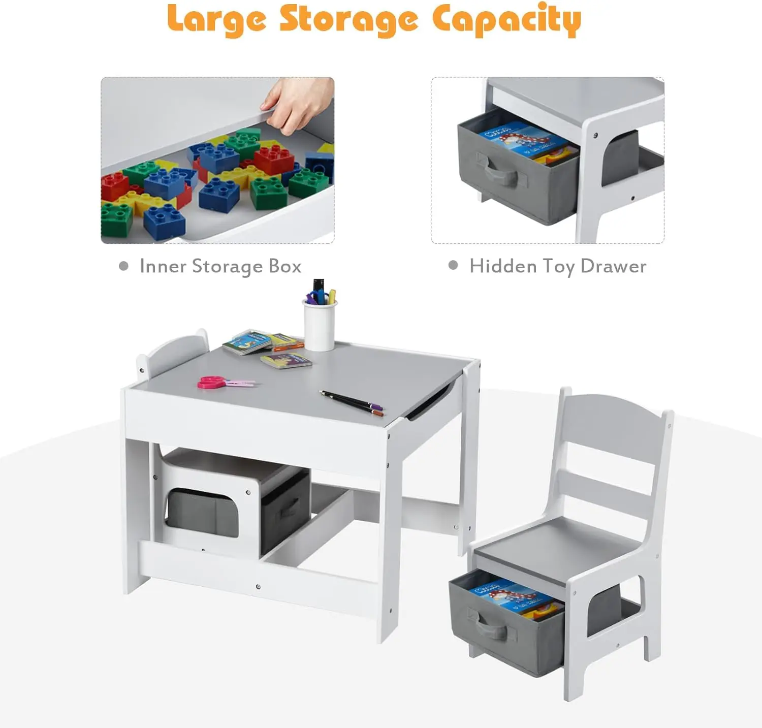 Ensemble table et chaise pour enfants, table d'activité en bois 3 en 1 avec rangement, poignée amovible, brittop pour le dessin des enfants