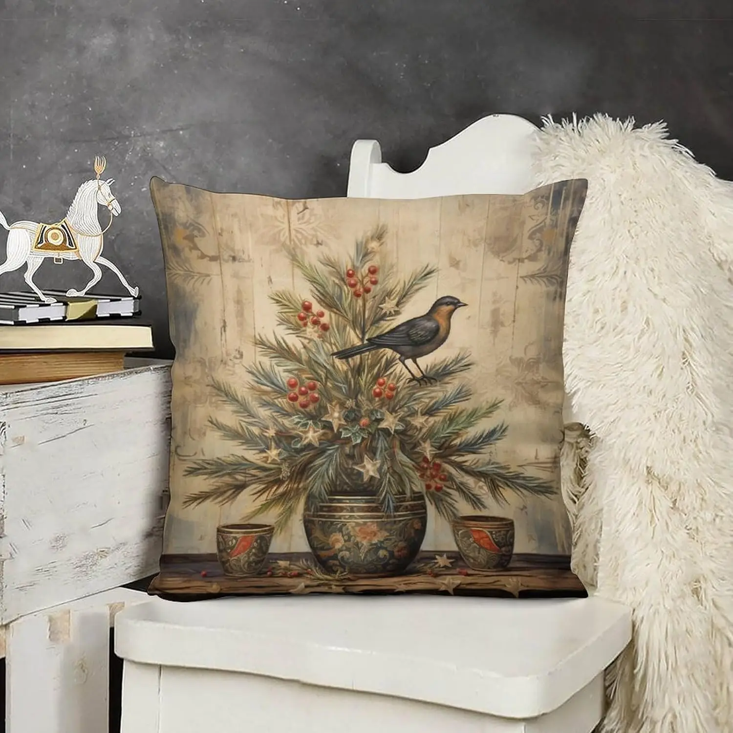Merry Christmas with Tree and Bird  Soft Decorative Square Throw Pillow Covers Nature Birds