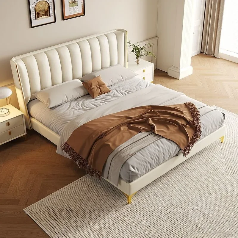 Contemporary Wooden White Double Leather Bed Set Home Queen Master Room Modern Apartment Bedroom Luxury King Size Bed