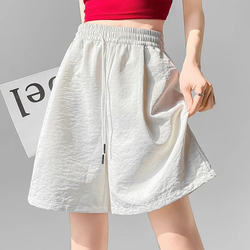 Summer Quick Drying Sports Shorts Women Ice Silk Elastic High Waist Wide Leg Shorts Woman Drawstring Casual Short Pants Female