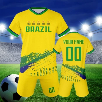 Custom Soccer Jersey Set Brazil Personalized Name Number Football Shirt for School Team Club Kids Youth Practice Soccer Uniform