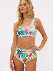 Traje de baño de cintura alta para mujer, conjunto de Bikini estampado Sexy, ropa de playa, Chaise Longue, 2024