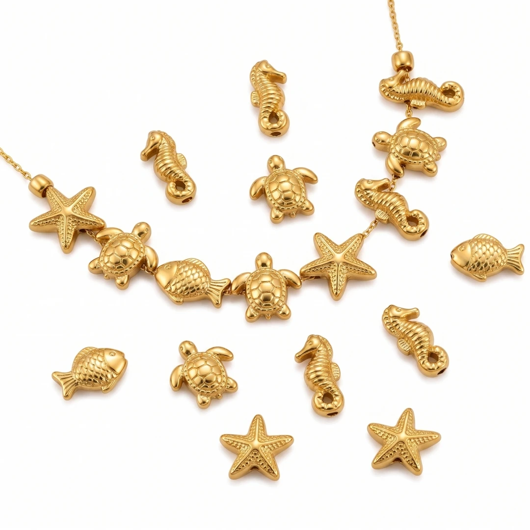 5 Stück goldene Edelstahl-Fischperlen, Schildkröten-, Seestern- und Seepferdchen-Anhänger, lose Perlen, Abstandshalter für Halsketten, Armbänder und Schmuckherstellung