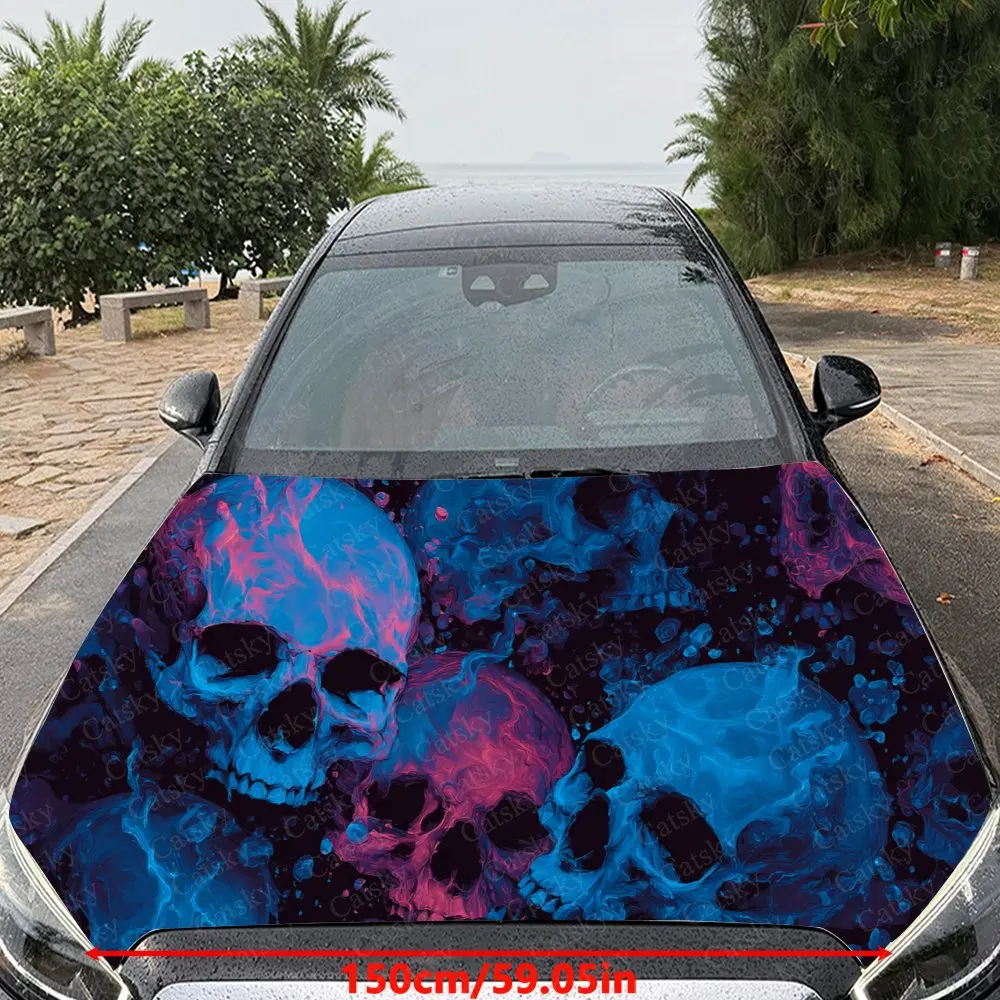 Car Decal Macabre Artistic Design with Skull Cluster in Blue-Purple-Hued Style Car Hood Sticker, Waterproof Self - Adhesive PVC