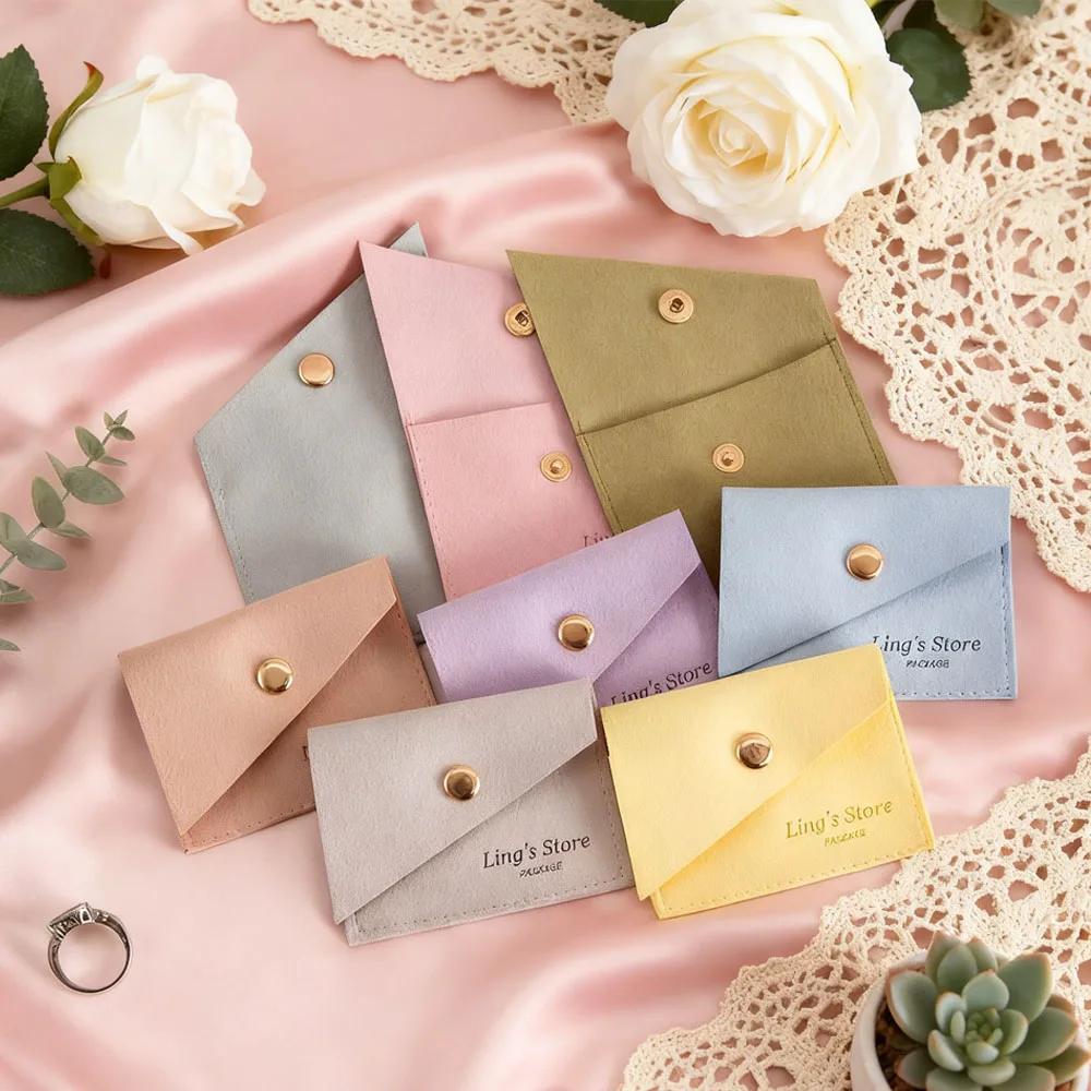 

50pcs Lovely Personalized Logo Bevel Microfiber Jewelry Snap Bag For Earring Ring Box Necklace Bracelet Packaging Gift Organizer
