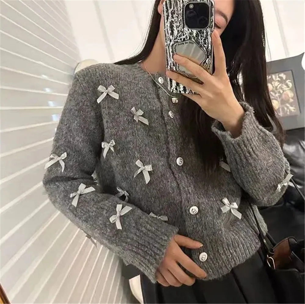 Autumn Winter Korean Version Bow Knit Cardigan For Women\'S Harajuku Hip-Hop Oversized Pullove O-Neck Long Sleeved Sweater Casual