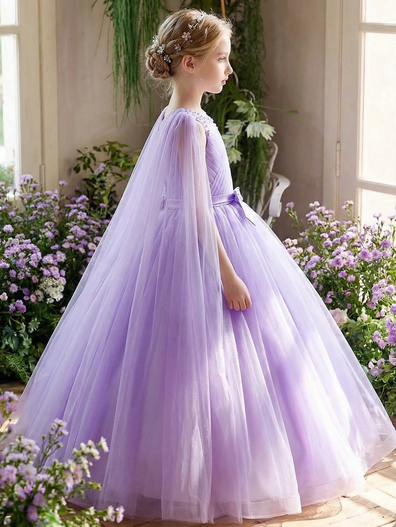Elegant Purple Long Dress for Tween Girl,A Formal Gown Featuring Flowing Veil Belt Bow Decoration,Wedding,Birthday Party,Banquet