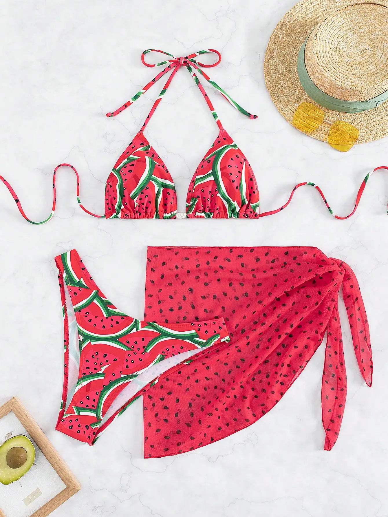 

Комплект бикини с принтом арбузов и пляжной юбкой