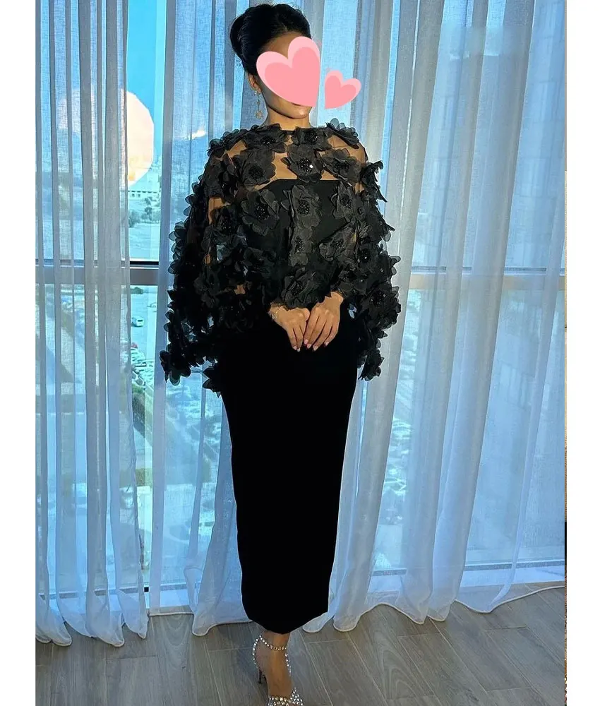 

Customized Modern Jersey Straight Crystal 3D Flowers Evening Dress Temperament 3/4 Sleeves O-neck Ankle Length prom dresses