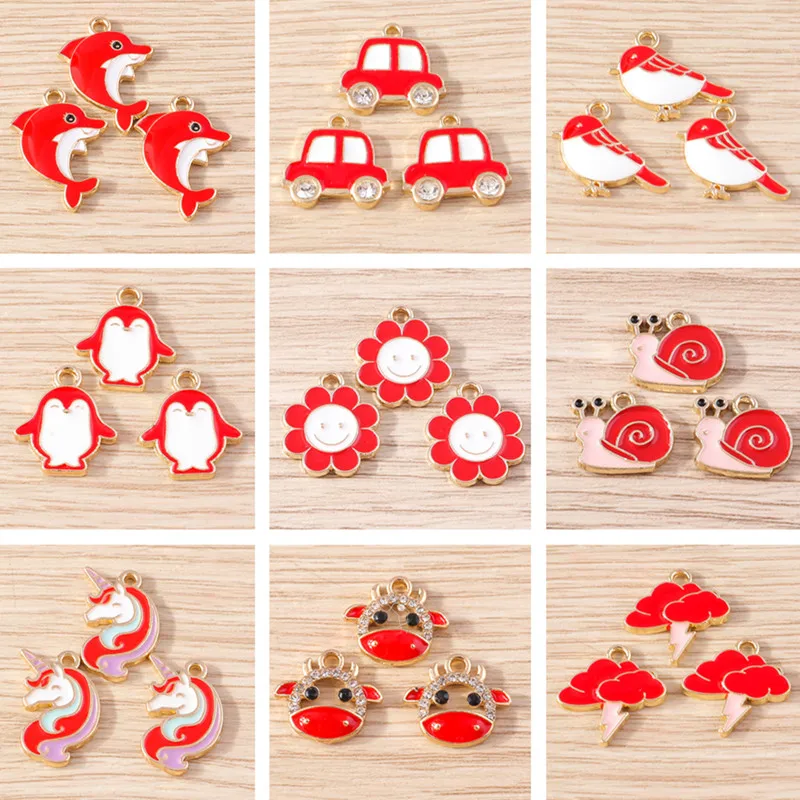 

10pcs Red Color Enamel Flower Animal Dolphin Bird Charms Pendants for Making Women Cute Earrings Necklaces DIY Braceltes Gifts