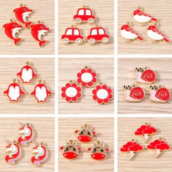 10pcs Red Color Enamel Flower Animal Dolphin Bird Charms Pendants for Making Women Cute Earrings Necklaces DIY Braceltes Gifts