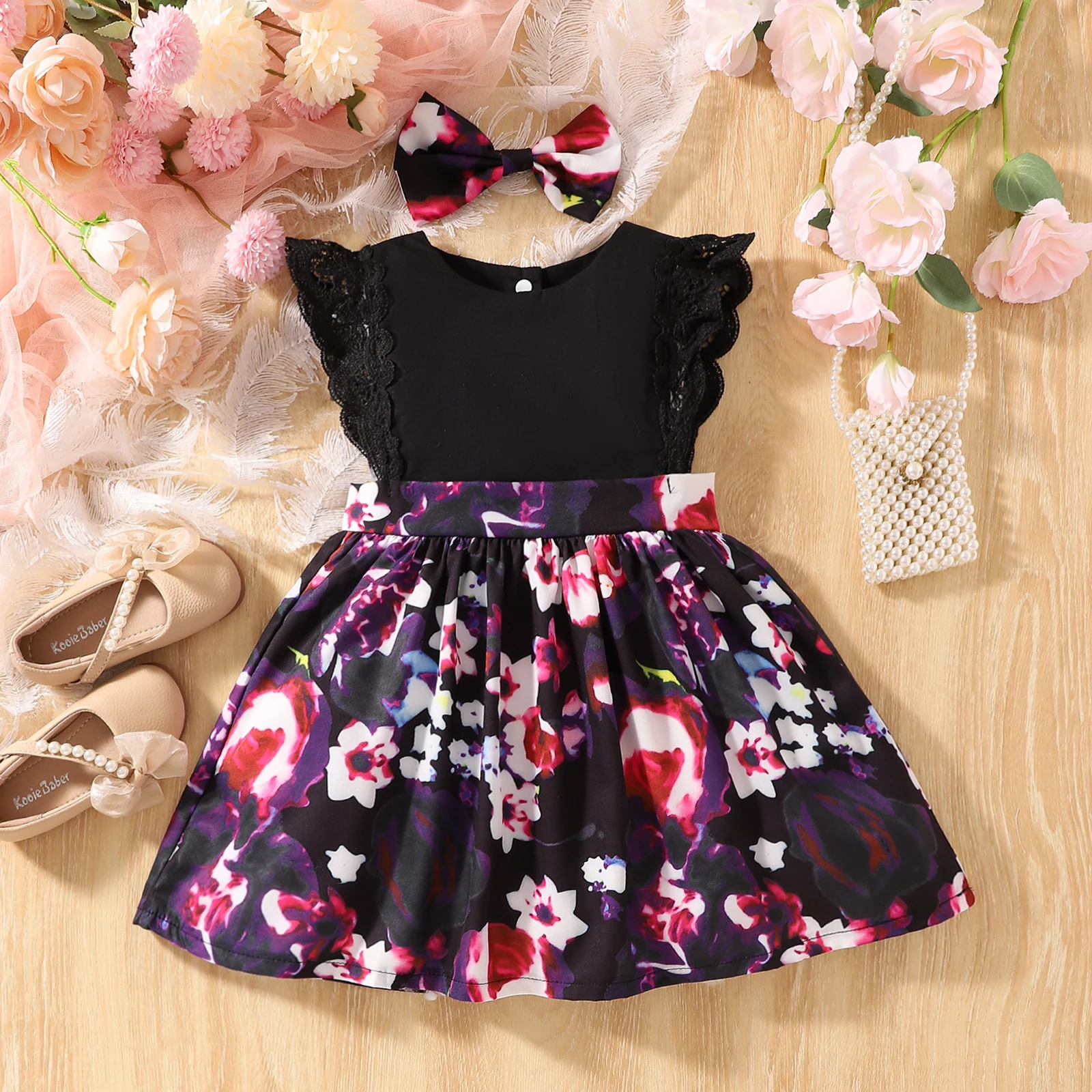 Summer Girls\' Baby A- line Skirt Fashion Black Lace Flutter Sleeve Purple Floral Flower Dress