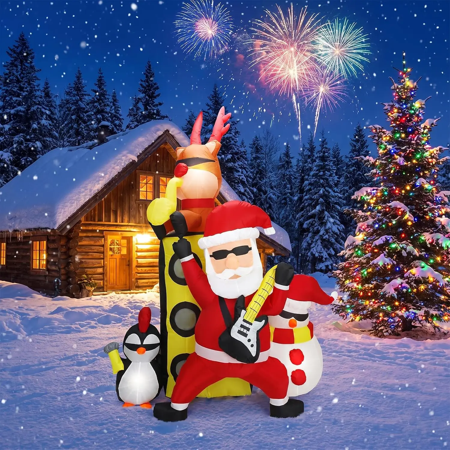 7ft Christmas Inflatable Santa Band Outdoor Decoration with 5 LEDs Weather-Resistant Polyester Secure Anchors for Yard Garden Porch Party Indoor