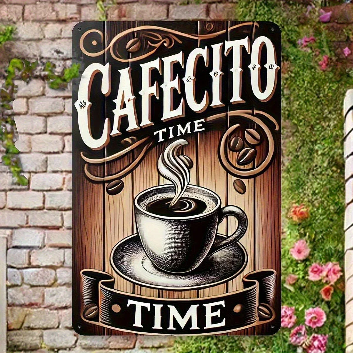 Arte de Pared Vintage para la Hora del Café - Letrero de Metal Rústico con Diseño Art Deco Ornamentado, Decoración Interior/Exterior para Cocina, Sala de Estar