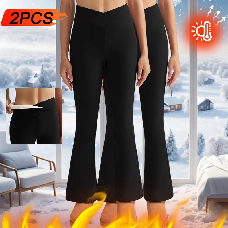 

2 шт. толстые расклешенные брюки женские зимние теплые леггинсы с флисовой подкладкой с высокой талией термолеггинсы с контролем живота повседневная одежда