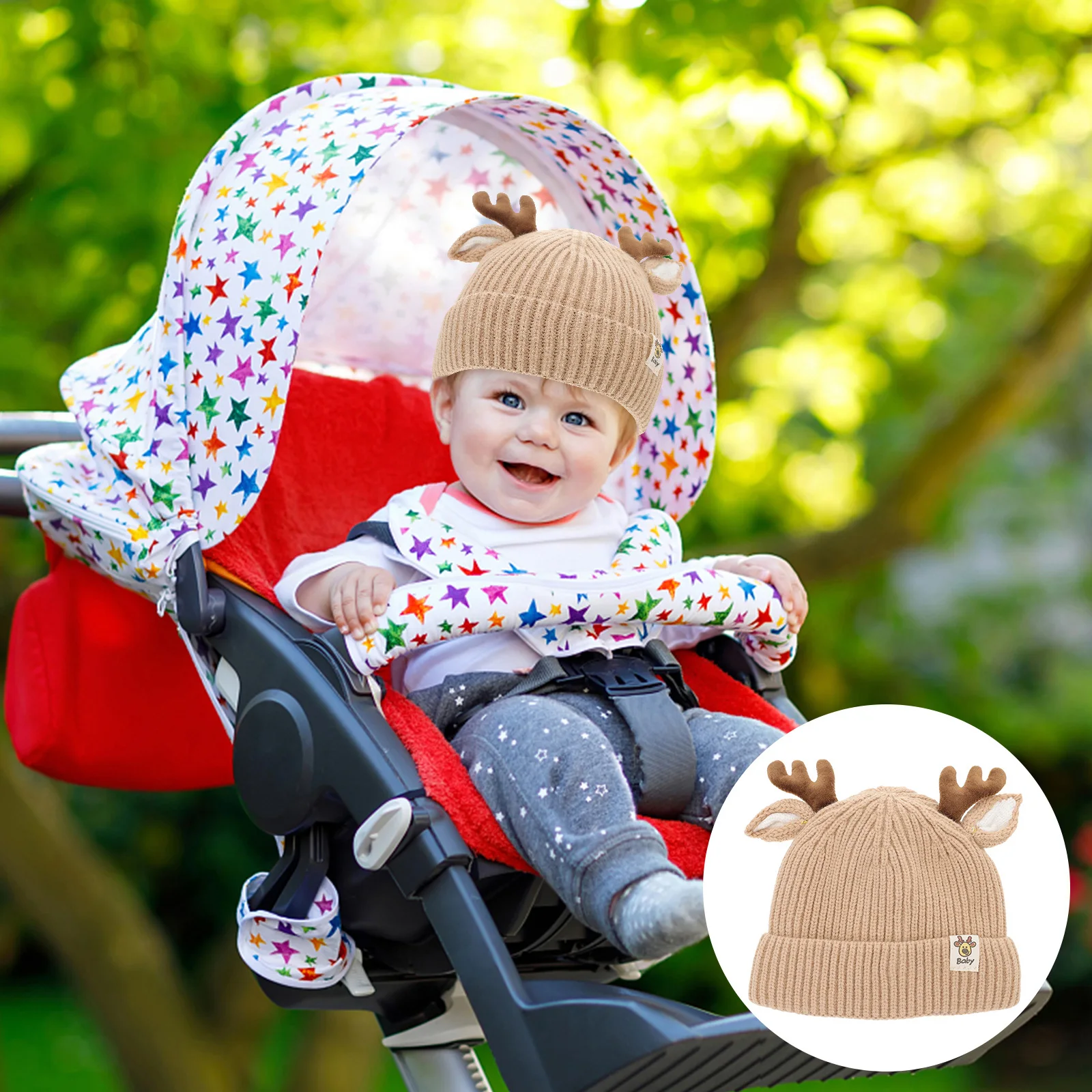 

24pcs Cartoon Reindeer Winter Warm Baby Hat Suitable 3 Months Khaki Children Wool Cap Knitting Hat For Kids