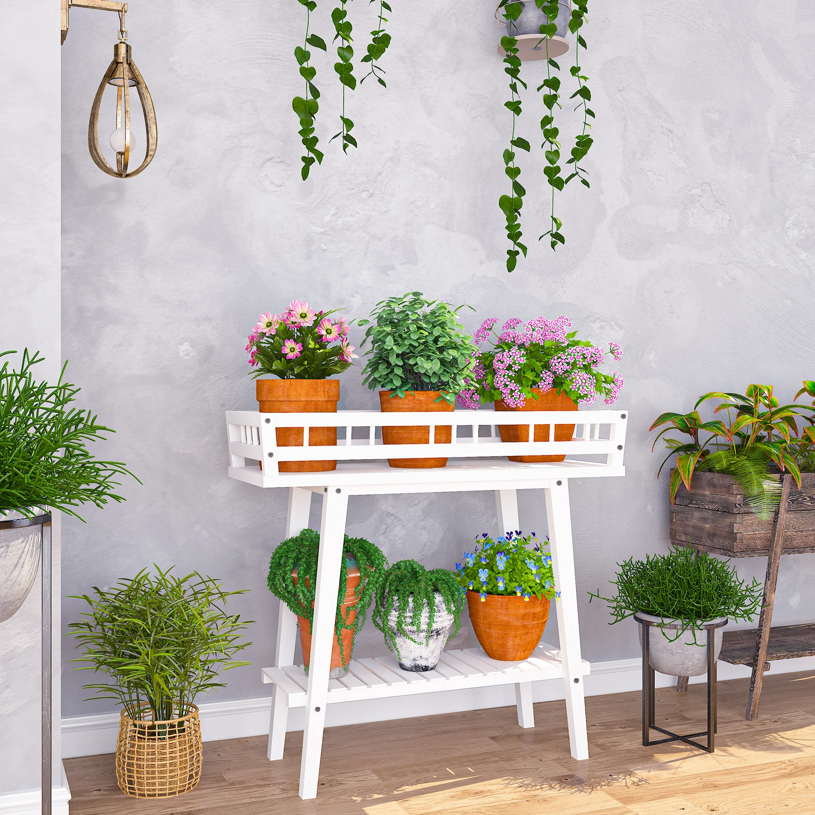 Prateleira de planta interior branca, 2 Tier Tall Stand Table para várias plantas, Mesa de janela para plantas