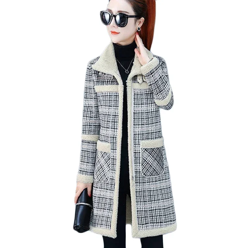 New Winter Lamb Wool Woolen Coat Thick Plus Velvet Warm Cotton Coat Women Long Grid Parker Overcoat Quilted Jacket Trench Coats