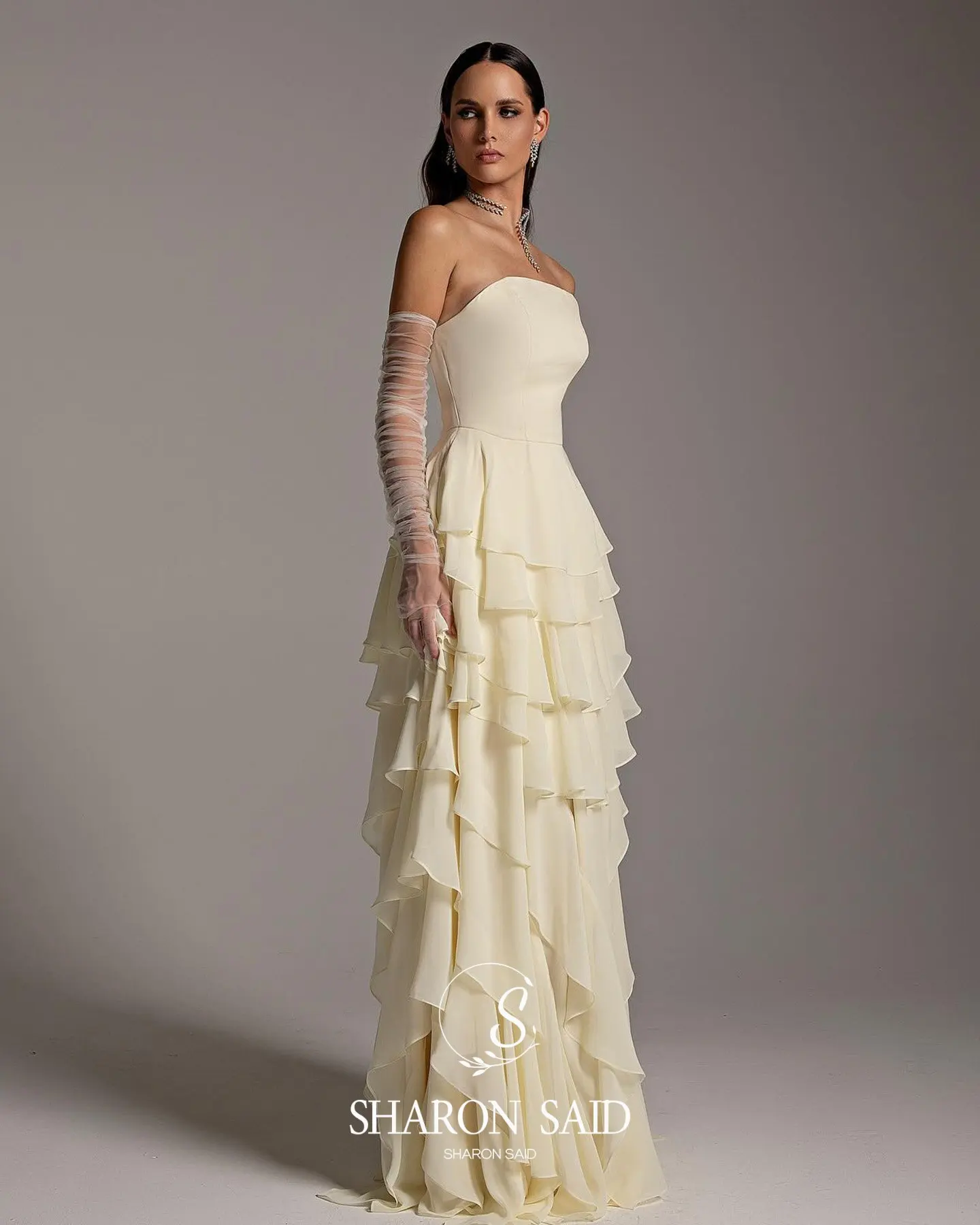 Sharon Said Dubai Beige Strapless Avondjurken met Ruche Handschoenen voor Vrouwen Bruiloft Formele Jurk SF256 Aangepast