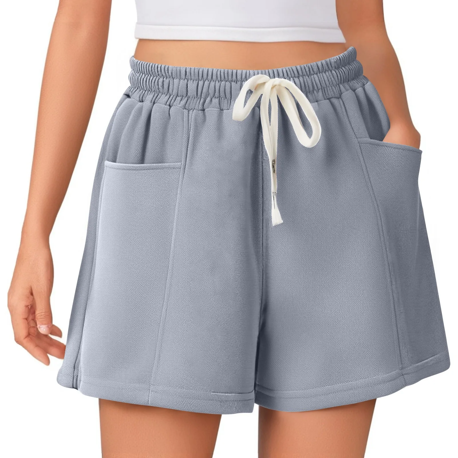 

Женские летние свободные прямые спортивные шорты, однотонные удобные повседневные шорты для бега с высокой талией и шнурком, универсальные шорты