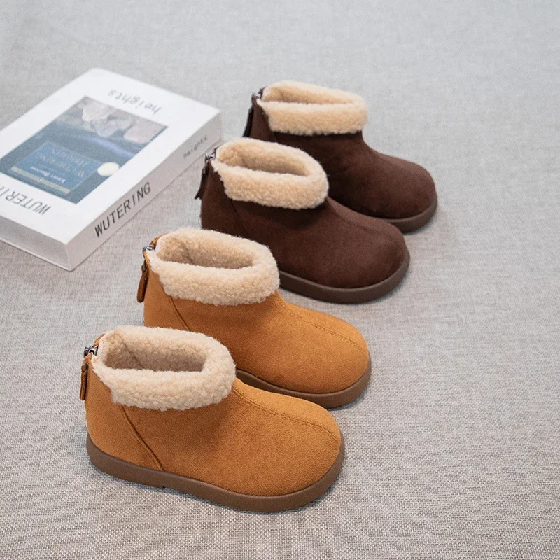 

Children Fashion Boots Suede Warm Soild Color Kids Short Boots with Back Zipper 2025 Winter New Girls Ankle Boots Korean Style