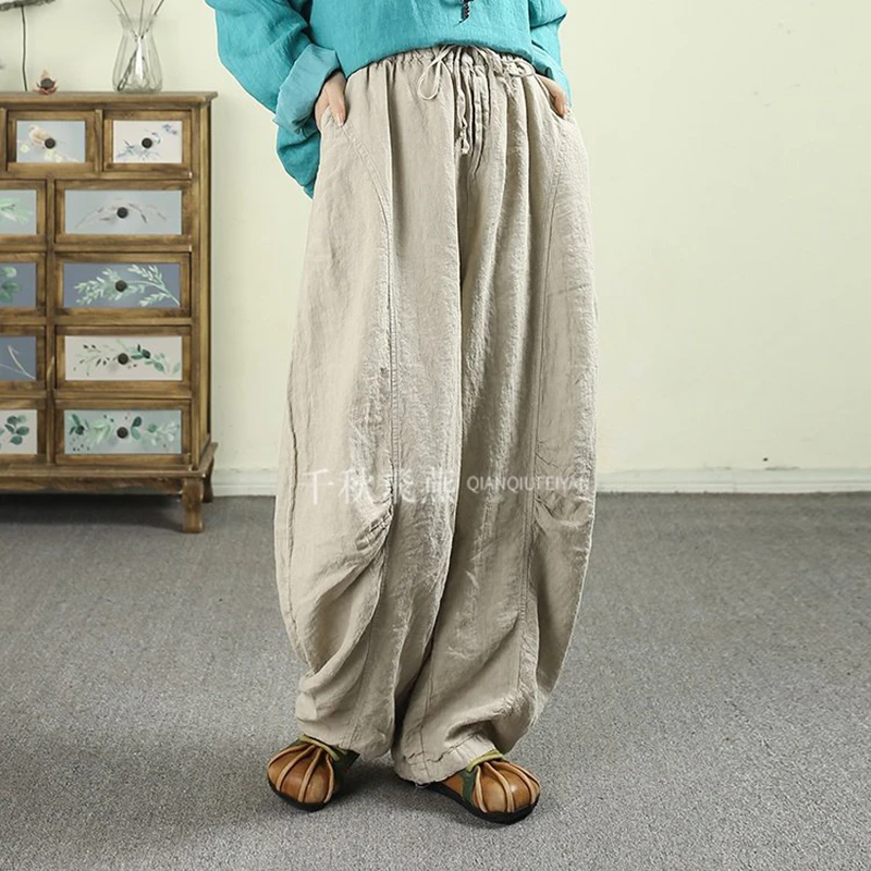 2026 New Arrival Spring & Autumn Women Good Quality Cotton Linen Ankle-length Pants Casual Loose Elastic Waist Harem Pants Q278