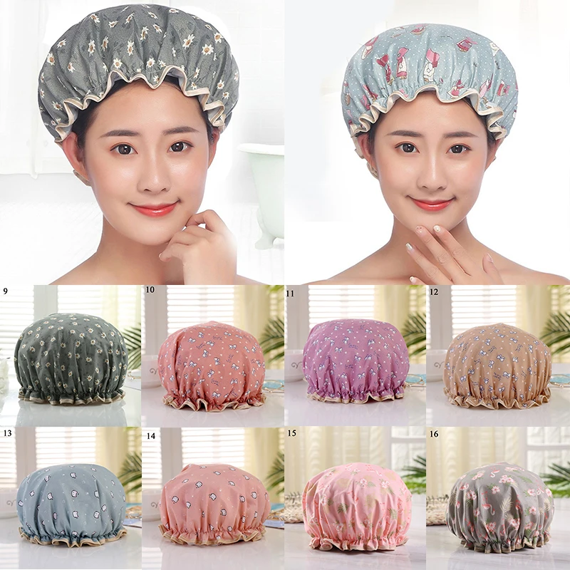 1Pcs Bathing Cap Cartoon Cute Double Layer Waterproof Polyester Cotton Hair Cover Multicolor Shower Hats Bathroom Products