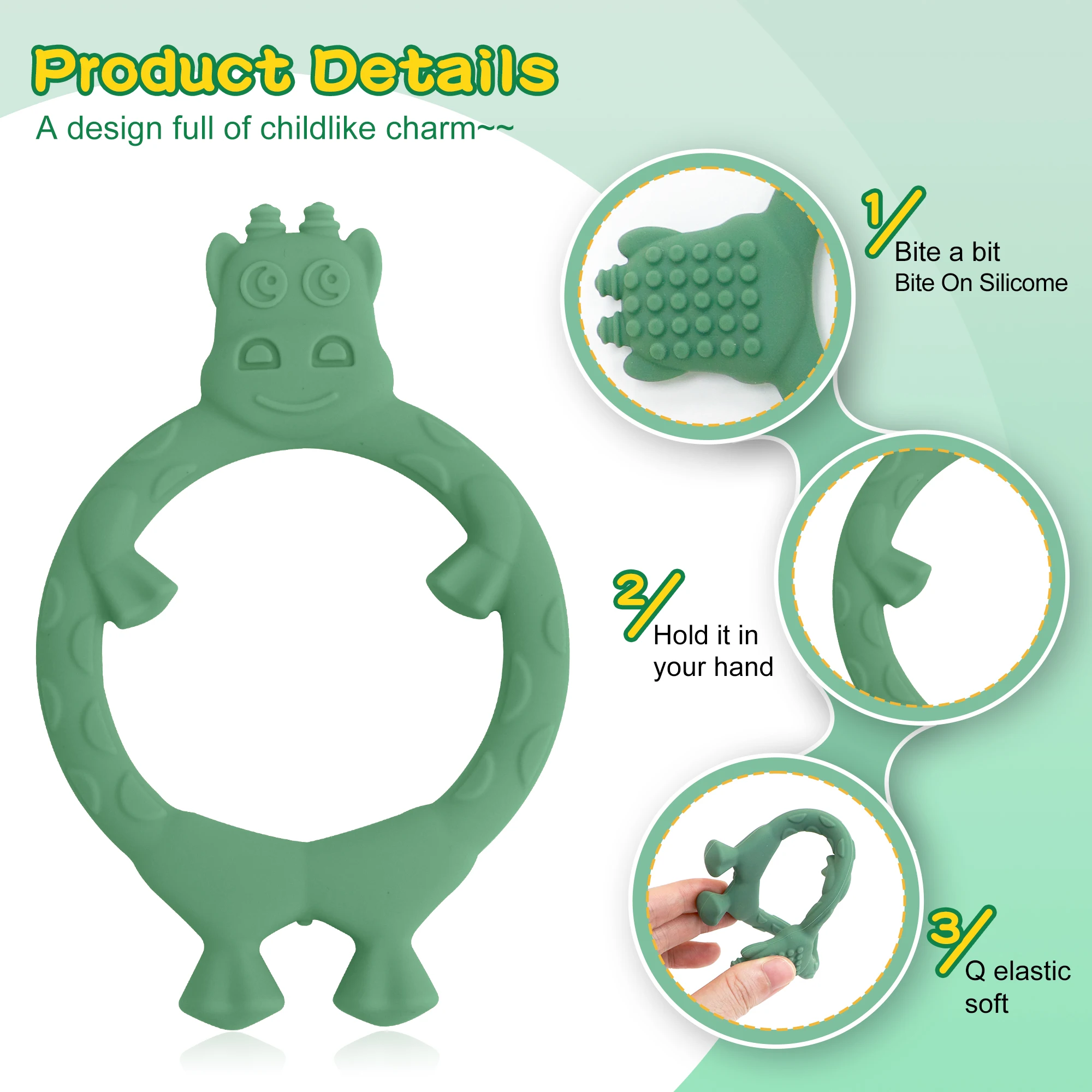 Hippo shape Baby Teething Toys, Food Grade Silicone Teethers for Babies 0-6 Months/6-12 Months, BPA Free Baby Chew Toys
