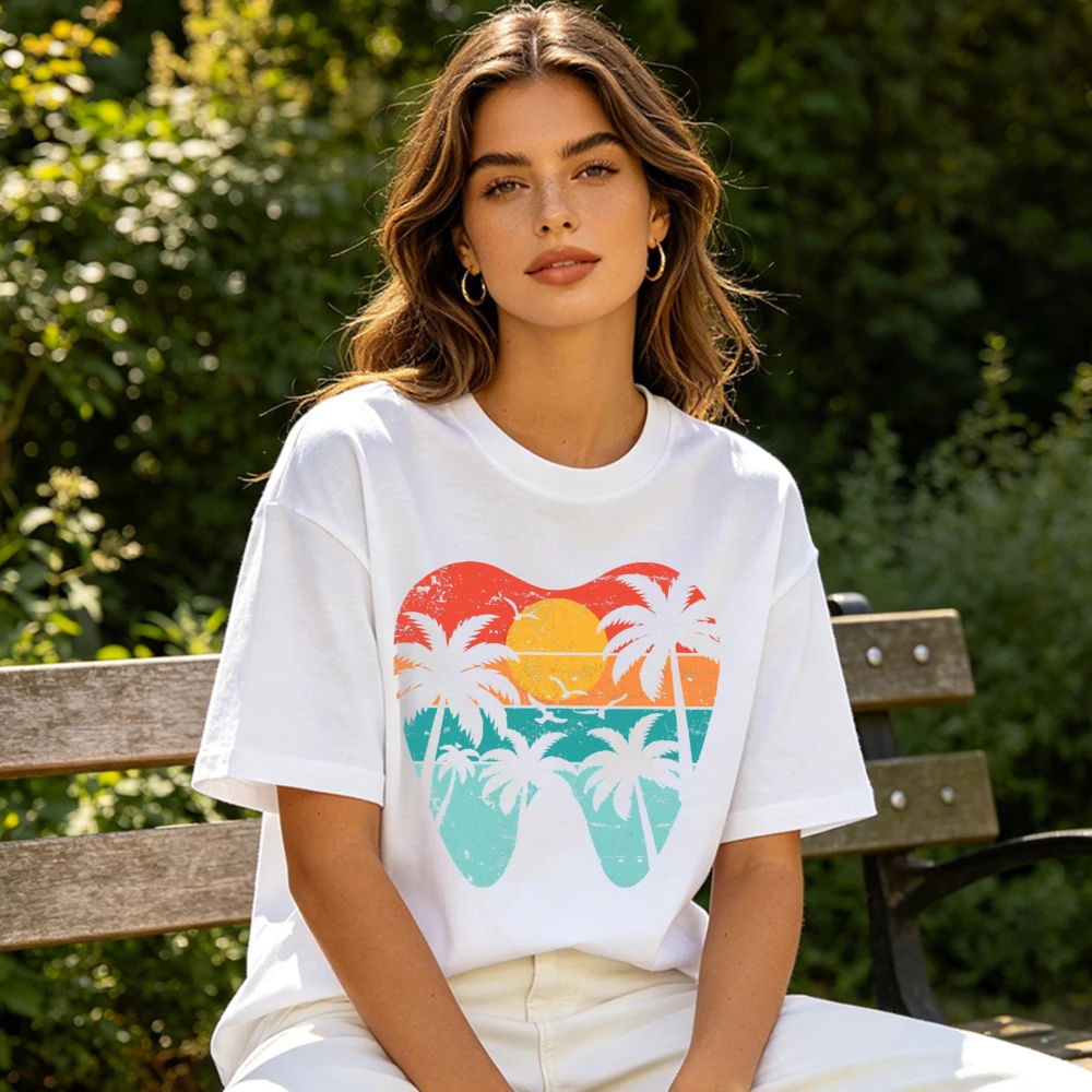 Vintage Sunset Palm Tree Tooth Graphic T-Shirt Retro Dental Summer Casual Tee Dentist Gift Tops Beach Lover Men Women Shirt