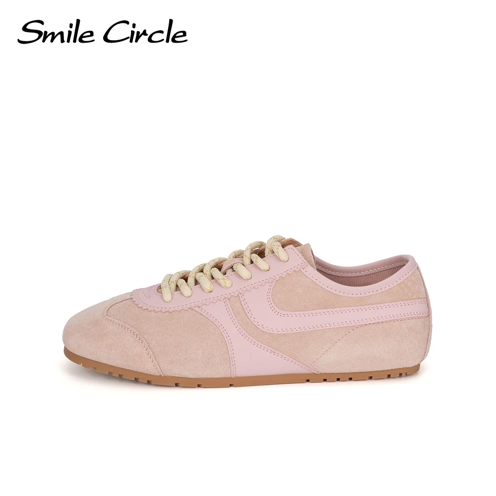 Smile Circle รองเท้าผ้าใบผู้หญิงหนังนิ่มหนังรอบนิ้วเท้ารองเท้าแบนแฟชั่นรองเท้าผ้าใบลําลอง