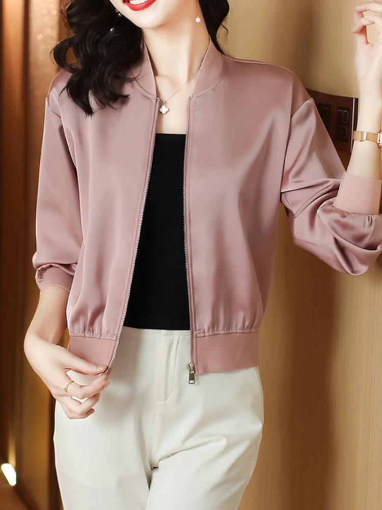 New Fashion Women Satin Jacket 2024 Autumn Clothing Long Sleeve Casual Bomber Coats Woman Elegant Sunscreen Outwear Tops Femme