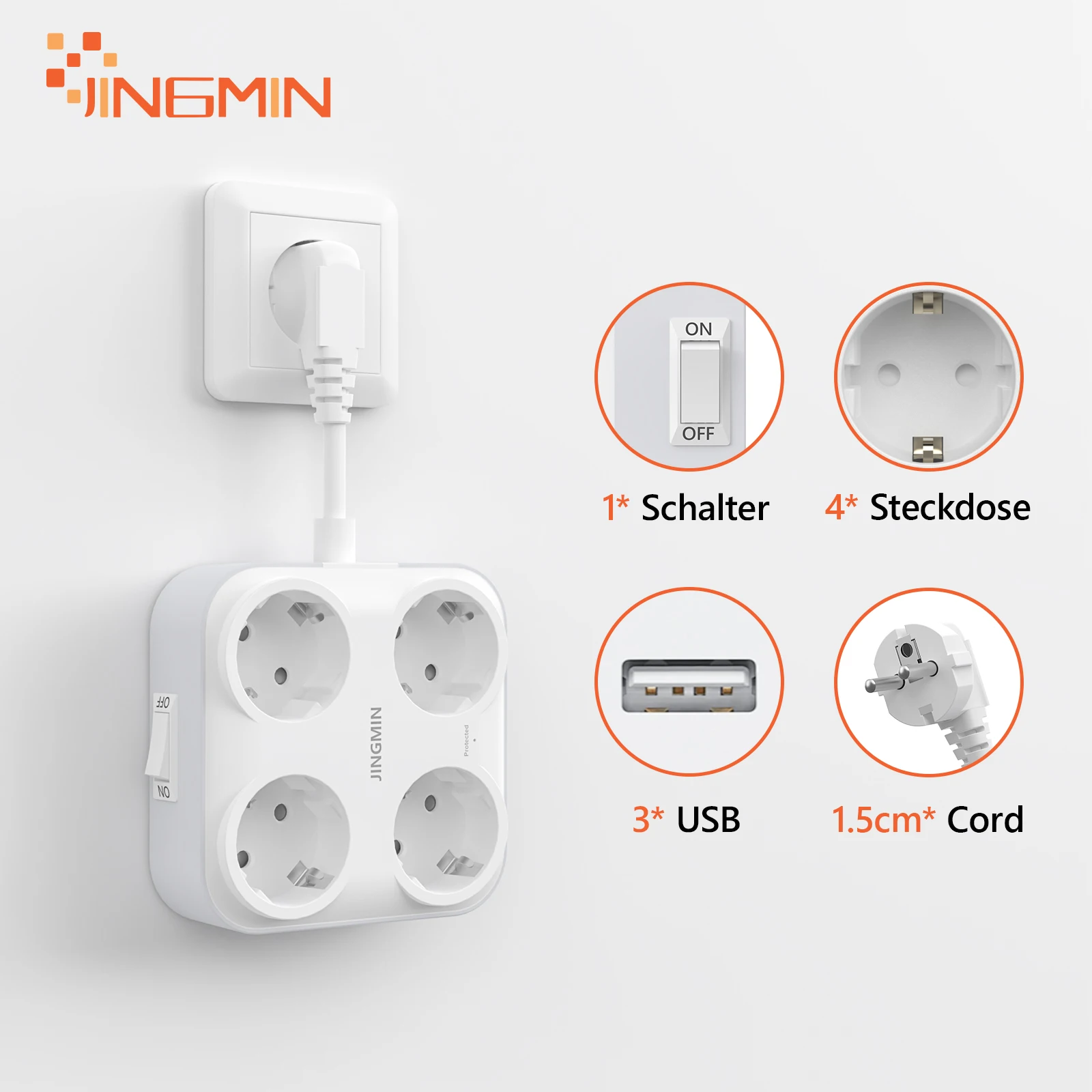 JINGMIN EU Plug Power Strip with 4 AC Outlets 3 USB 0.5mm Cable Multi Socket with Switch for Home/Office Socket