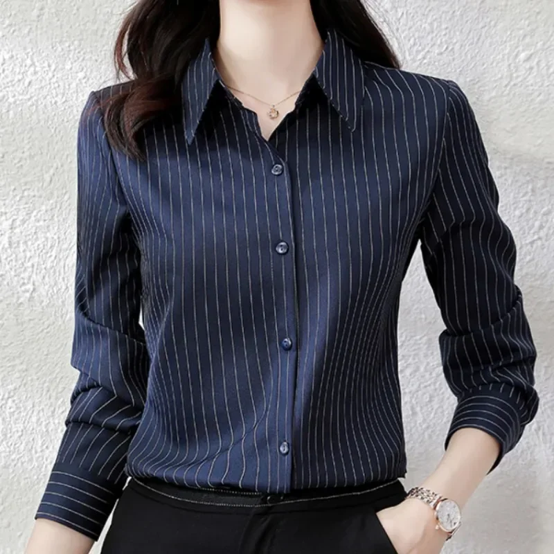 Striped Women Shirt Korean Fashion Female Clothing Long Sleeve Blouse Button Up Shirts Womens Tops OL Chiffon Blouses for Women