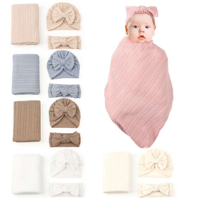 Couverture d'emmaillotage pour bébé, 3 pièces, avec chapeau pour nouveau-né, bandeaux à nœud couvertures réception,