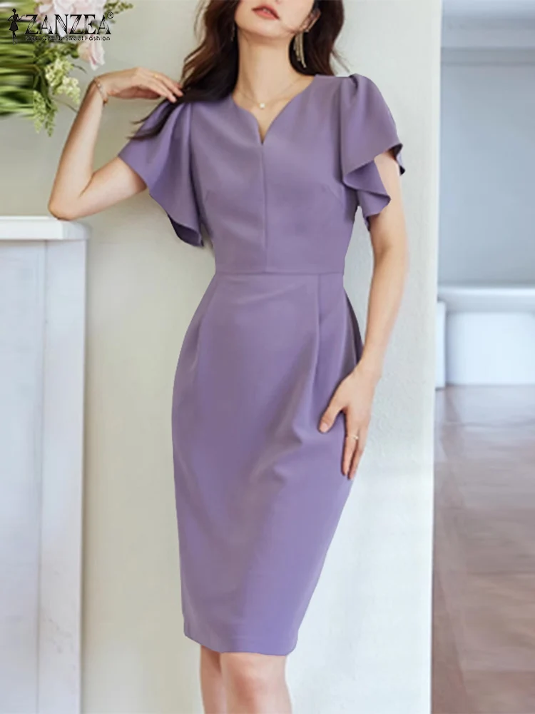 ZANZEA 2024 Summer Slim Office Party Dress Women Elegant Wrap Hips Robe Luxury Ruffle Short Sleeve Vestidos Fashion Knee Dresses