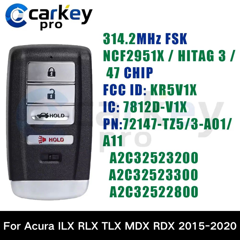 Carkeypro 3+1Button Smart Key KR5V1X 314.2Mhz For Acura ILX RLX TLX MDX RDX 2015-2020