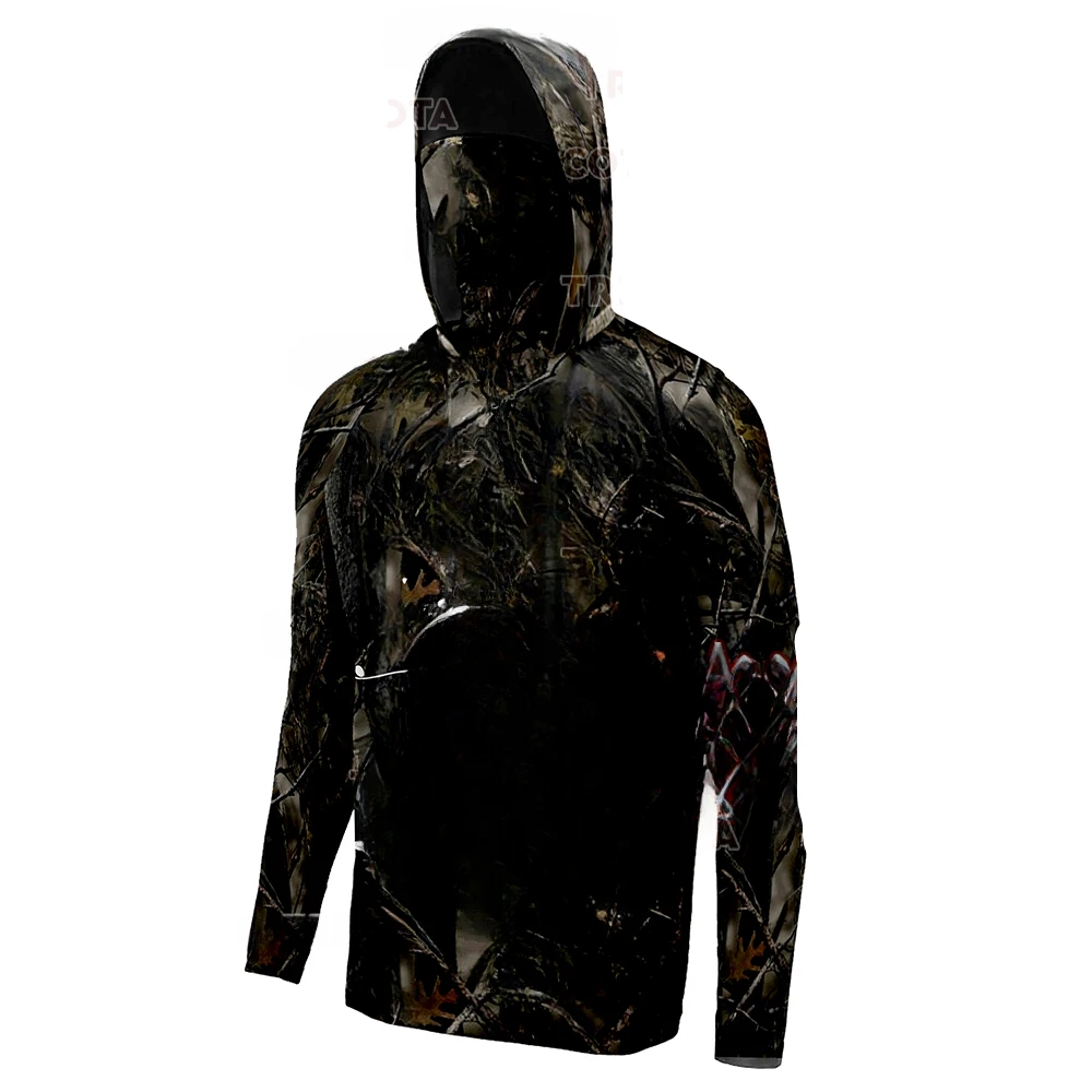 Wood Bark Camo Bass Graphic Men Fishing Hooded Shirt Built‑in Face Cover  Sun Protection Quick‑Dry Long Sleeve Outdoor Tops view 2