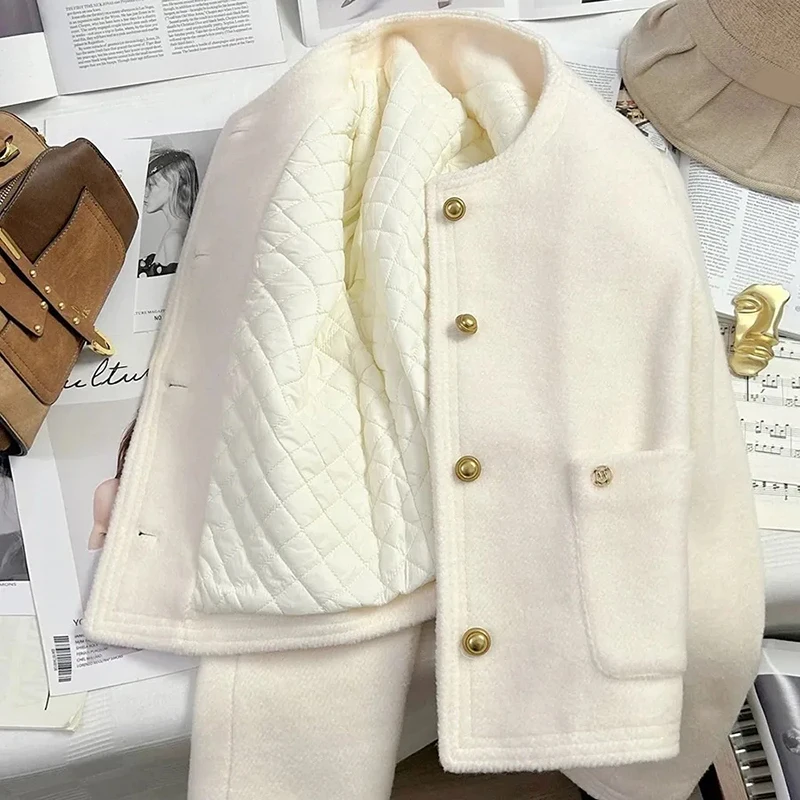 

Белоснежные укороченные пальто на пуговицах, женские маленькие ароматы, элегантная простая офисная женская куртка, повседневная стеганая верхняя одежда с длинными рукавами и круглым вырезом