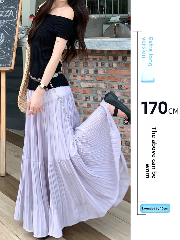 

Ele Long Purple Pleated Chiffon A-Line Skirt for Women Spring Season High Waist Pear aped Body Versatile Midi Skirt
