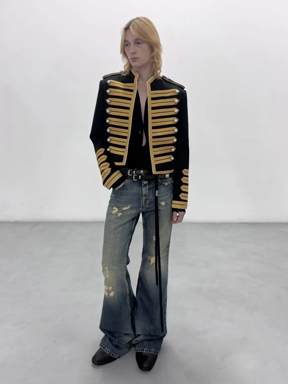 Ann 26 Show Piece Strap Washed Blue Vintage Distressed Bootcut Jeans