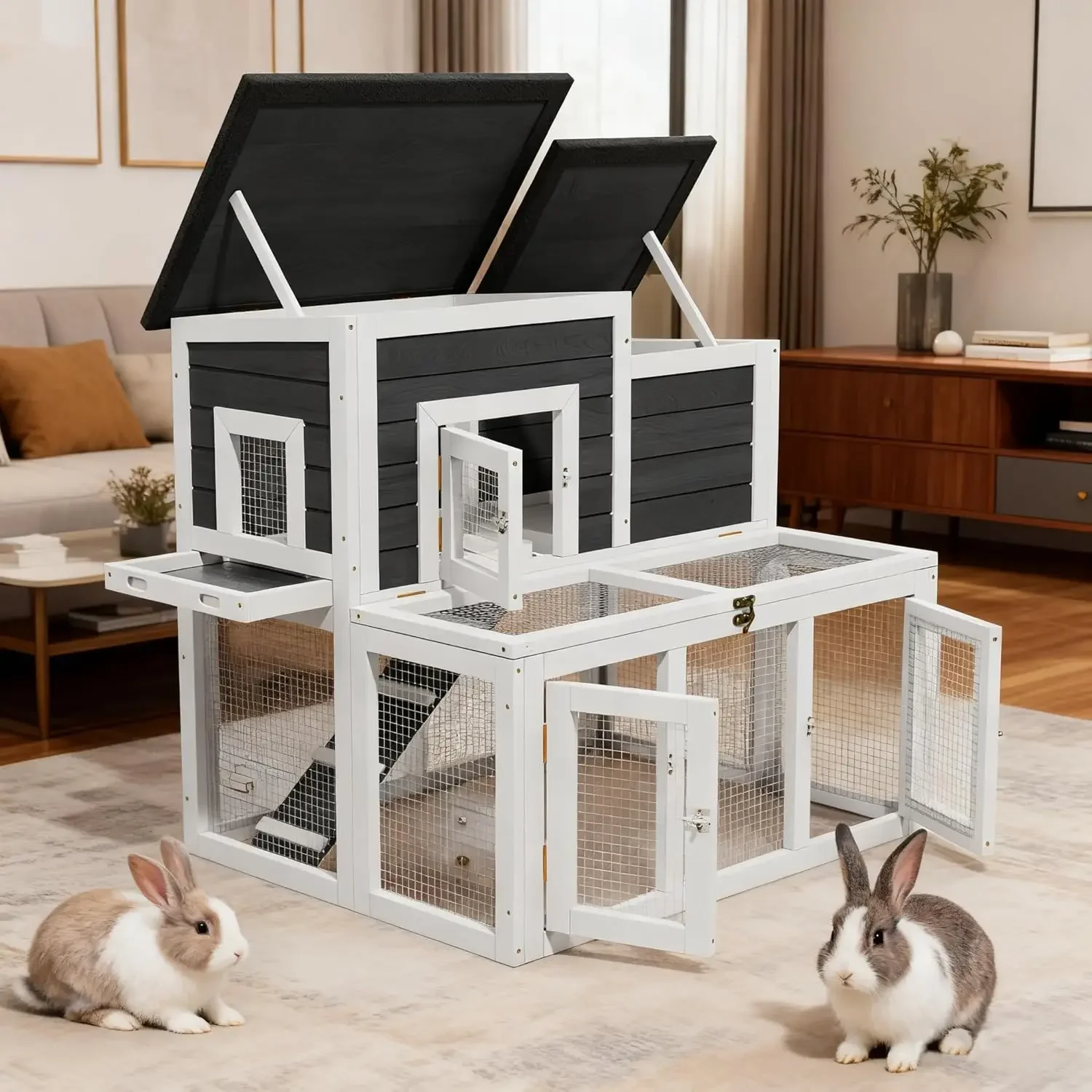 

Gray Black Wooden Outdoor Poultry House Rabbit Hutch Bunny Cage Chicken Run Coop Quail Duck Cage Ventilating Wire Small Animal H
