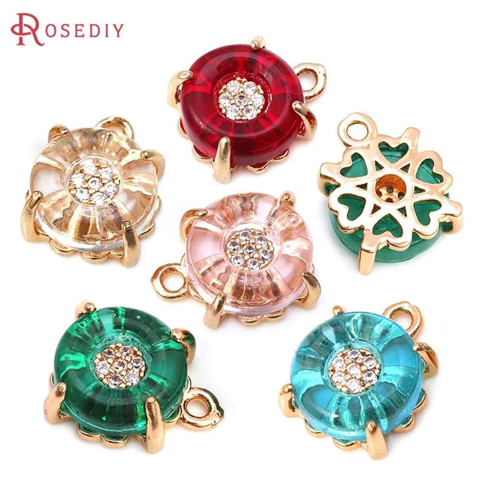 10PCS 18K Gold Farbe Messing Zirkon und Glas Runde Charms Anhänger Hohe Qualität Diy Halskette Ohrringe Schmuck Machen zubehör