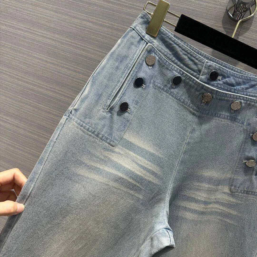 New Fashion Streetwear Light Blue Scratch Washed Straight Leg Jeans Women Silver Buttons Double Breasted High Waist Denim Pants