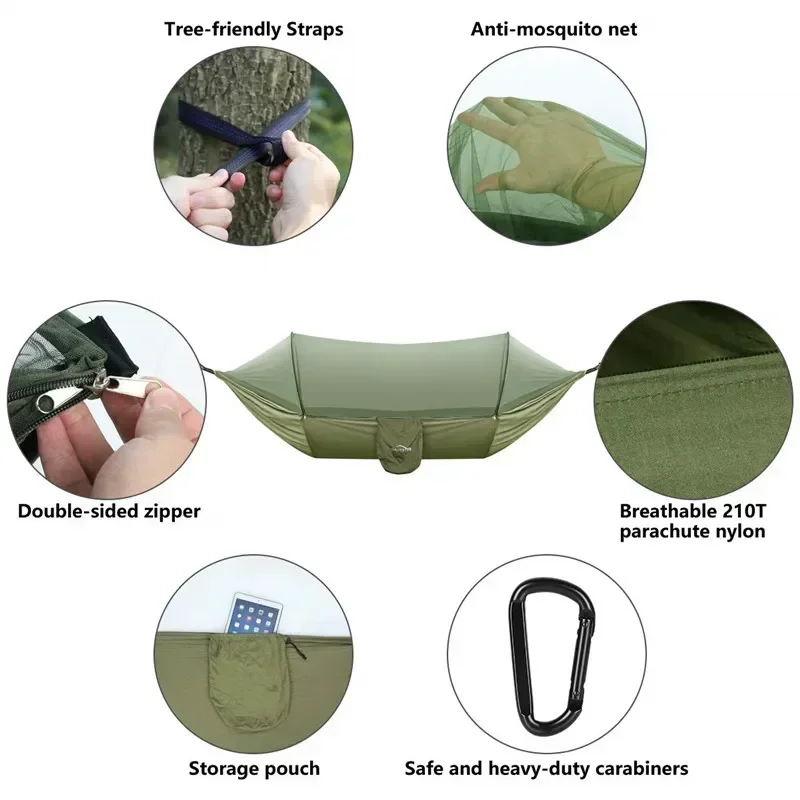 Portable Parachute Outdoor Camping Hammock with Mosquito Net and 118x118in Rain Fly Tarp,10-ring Tree Strap Hammocks Swing