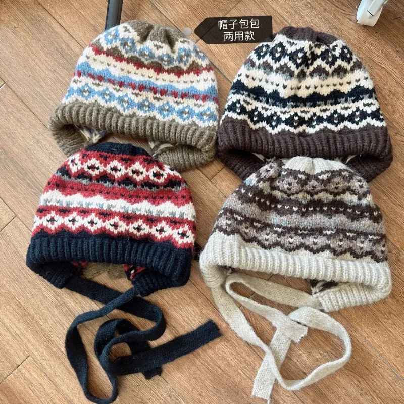 Ethnic Style Striped Spliced Knitted Hat Women Autumn Winter Caps Multifunctional Crossbody Bag Ear Protection Drawstring Hats