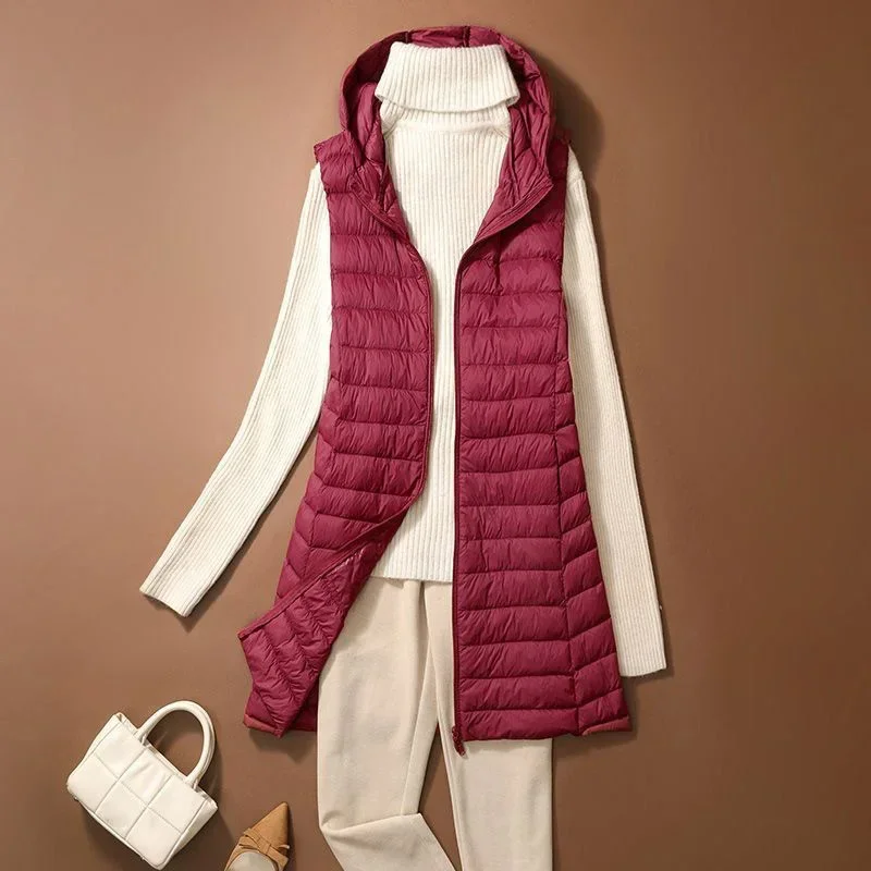 

Women Sleeveless Hooded Puffer Jackets New Autumn Winter Long Light Duck Down Vest 90% White Duck Down Female Down Vest Coat